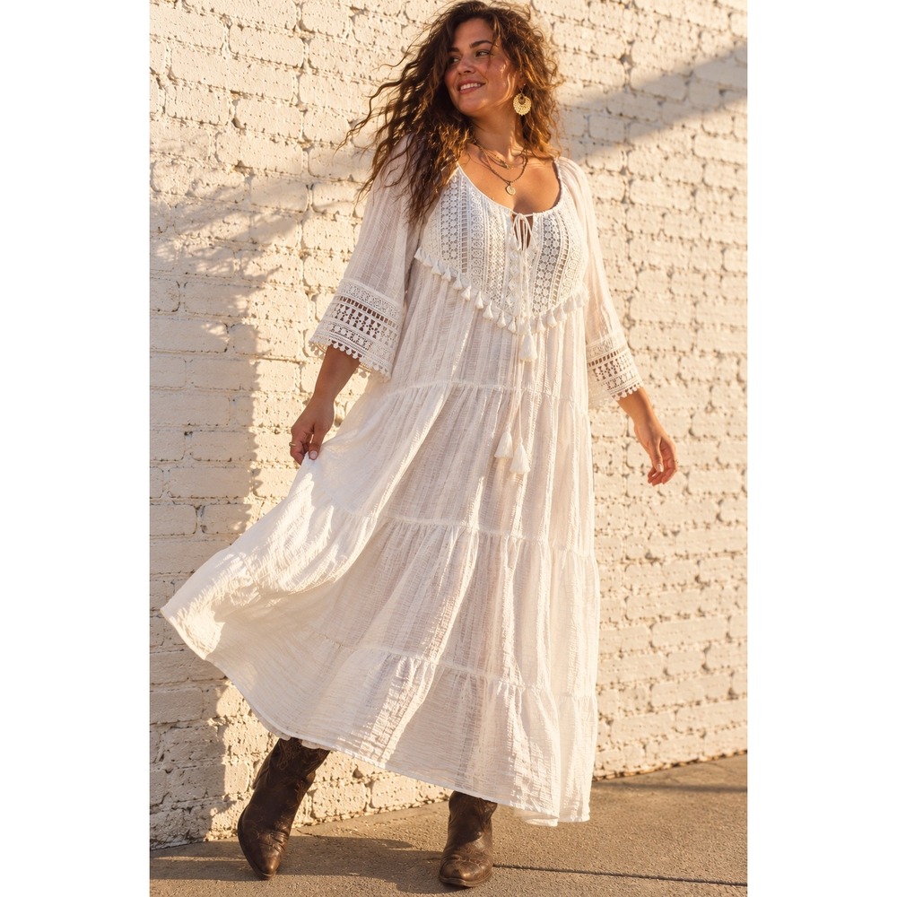 Jack + Avery White Tiered Boho Crochet Lace Midi Dress Vacation Coastal Boho 2X